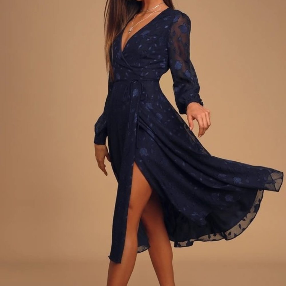 Lulu's Evening of Elegance Navy Blue Floral Jacquard Wrap Midi Dress